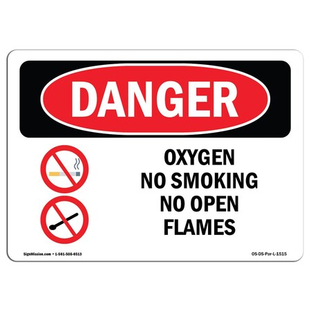 Signmission OSHA Danger Sign, Oxygen No Smoking No Open Flames, 10in X 7in Rigid Plastic, 7" W, 10" L, Landscape OS-DS-P-710-L-1515